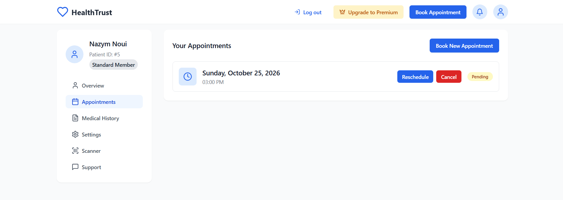 HealthTrust homepage showing Expert Health Consultations Anytime Anywhere landing hero